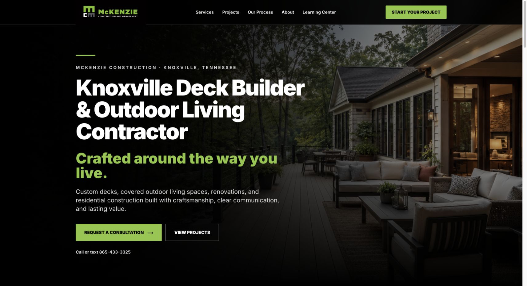 McKenzie Construction homepage with an outdoor living image and consultation link