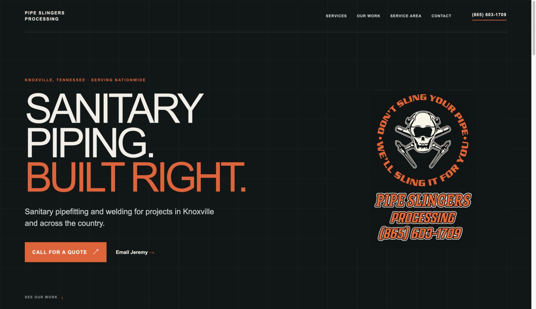 Pipe Slingers Processing website preview with sanitary piping headline and company logo